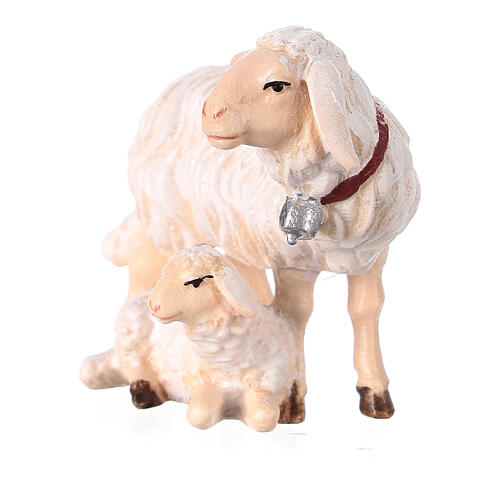 Sheep with bell and lying lamb, painted wood Mahlknecht Nativity Scene of 9.5 cm, Val Gardena 2