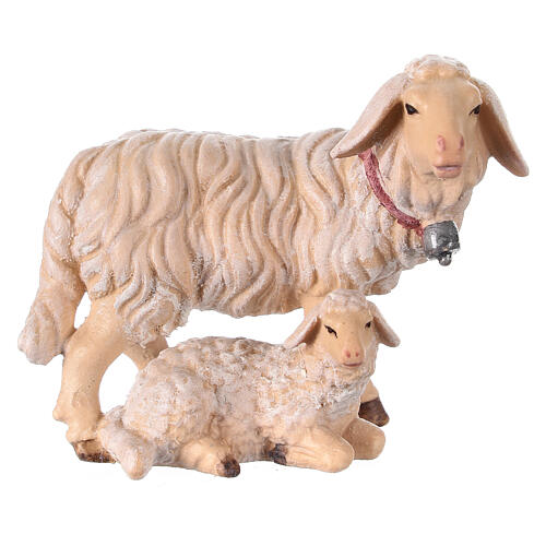 Sheep with bell and lying lamb, 12 cm painted wood Mahlknecht Nativity Scene, Val Gardena 1