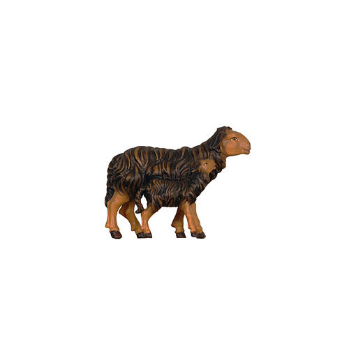Pecora nera con agnello in piedi legno dipinto 12 cm presepe Mahlknecht Val Gardena 1