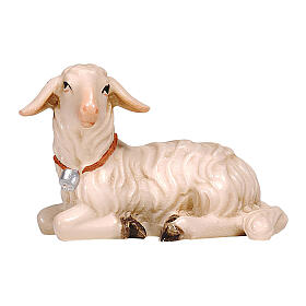 Agnello sdraiato testa a sinistra 9,5 cm presepe legno dipinto Mahlknecht Val Gardena