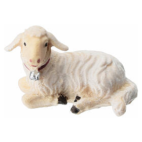 Agnello sdraiato testa a sinistra 9,5 cm presepe legno dipinto Mahlknecht Val Gardena