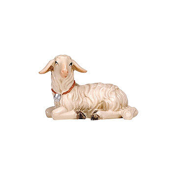 Lying lamb with head to the left, painted wood statue of 12 cm Mahlknecht Nativity Scene, Val Gardena 1