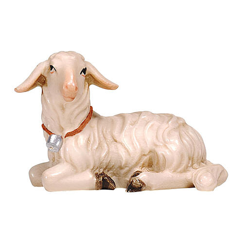 Cordero tumbado cabeza a la izquierda 12 cm madera pintada belén Mahlknecht Val Gardena 1