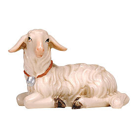 Agnello sdraiato testa a sinistra 12 cm legno dipinto presepe Mahlknecht Val Gardena