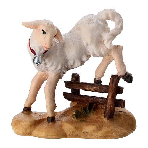 Lamb jumping a fence, painted wood statue of 12 cm Mahlknecht Nativity Scene, Val Gardena 1