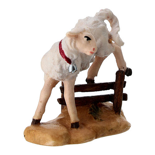 Lamb jumping a fence, painted wood statue of 12 cm Mahlknecht Nativity Scene, Val Gardena 2