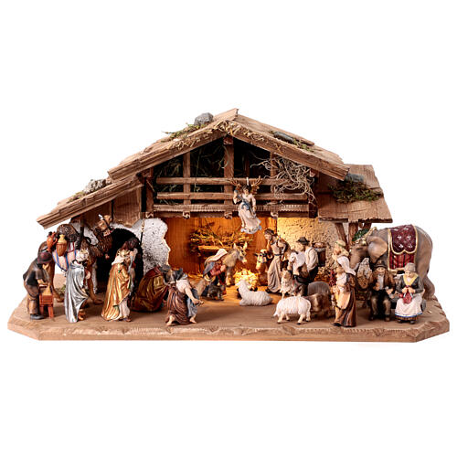 Illuminated Alpin cabin for 9.5 cm Mahlknecht Nativity Scene, Val Gardena painted wood, set of 30 1