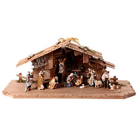 Holy Night stable, set of 15, painted wood of Val Gardena, 9.5 cm Mahlknecht Nativity Scene