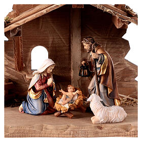 Tyrol stable for Holy Family, set of 7, painted wood, Mahlknecht Nativity Scene of 12 cm, Val Gardena