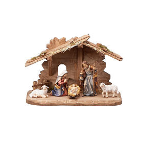 Tyrol stable for Holy Family, set of 7, painted wood, Mahlknecht Nativity Scene of 12 cm, Val Gardena