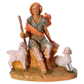 Pastorinho sentado com duas ovelhas figura Fontanini presépio 12 cm PVC