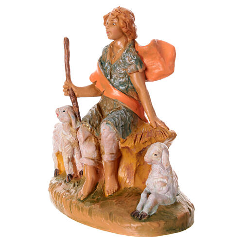 Pastorinho sentado com duas ovelhas figura Fontanini presépio 12 cm PVC 2