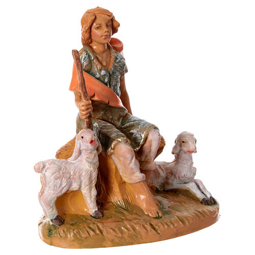 Pastorinho sentado com duas ovelhas figura Fontanini presépio 12 cm PVC 3