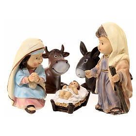 Heilige Familie mit Ochs und Esel, Set 5-teilig, Krippenfiguren, für 9 cm Krippe, Resin bemalt
