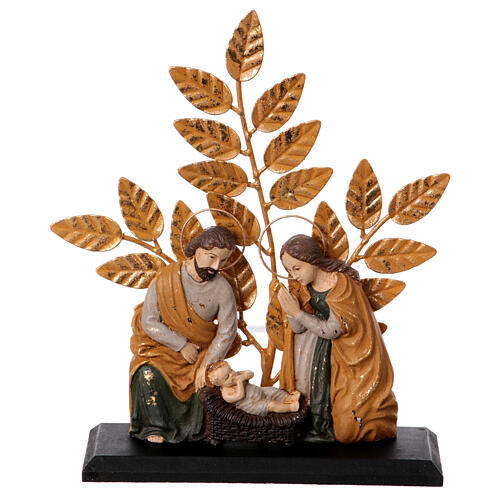Nativity with leaves, resin and old gold metal, 20x25x10 cm 1