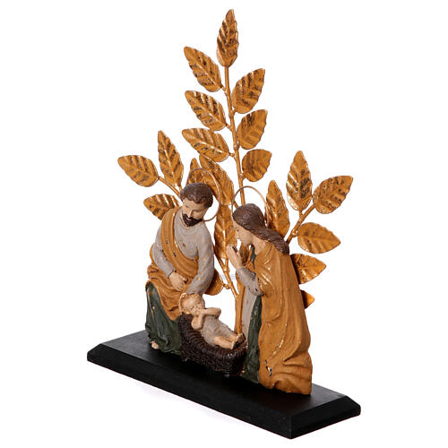 Nativity with leaves, resin and old gold metal, 20x25x10 cm 3