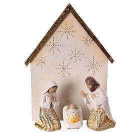 Stylised Nativity Scene of Shabby Chic style, golden resin, 7 figurines of 15 cm and stable of 24 cm