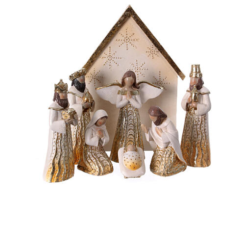 Stylised Nativity Scene of Shabby Chic style, golden resin, 7 figurines of 15 cm and stable of 24 cm 1