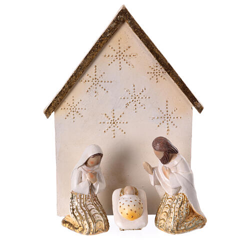 Stylised Nativity Scene of Shabby Chic style, golden resin, 7 figurines of 15 cm and stable of 24 cm 2