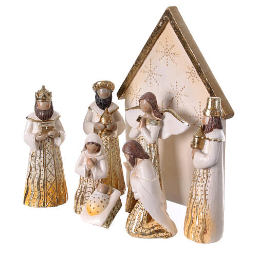 Stylised Nativity Scene of Shabby Chic style, golden resin, 7 figurines of 15 cm and stable of 24 cm 3