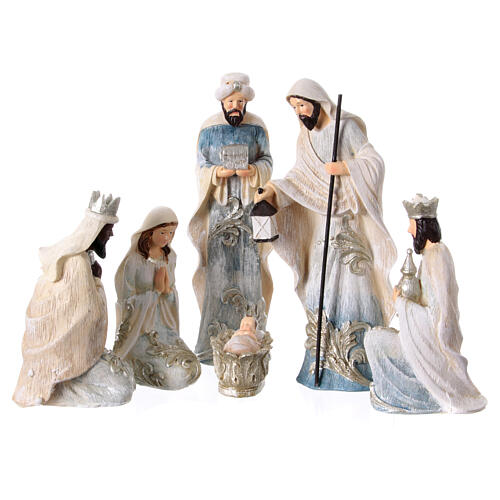 Resin Nativity Scene, white and blue with silver details, set of 6 figurines, 24 cm 1