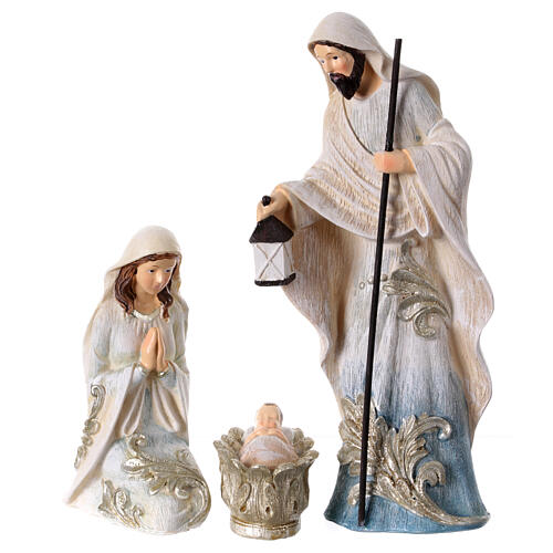 Resin Nativity Scene, white and blue with silver details, set of 6 figurines, 24 cm 2
