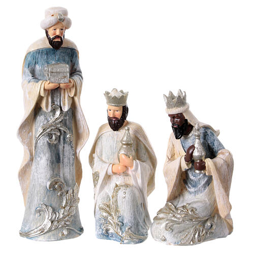 Complete nativity scene in white blue resin with silver details 24 cm 6 pcs 3