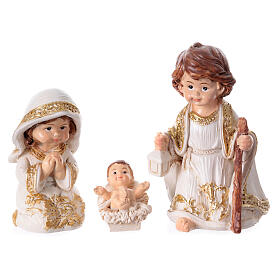 Complete resin Nativity Scene, baby style, white and gold, set of 11 figurines of 8 cm