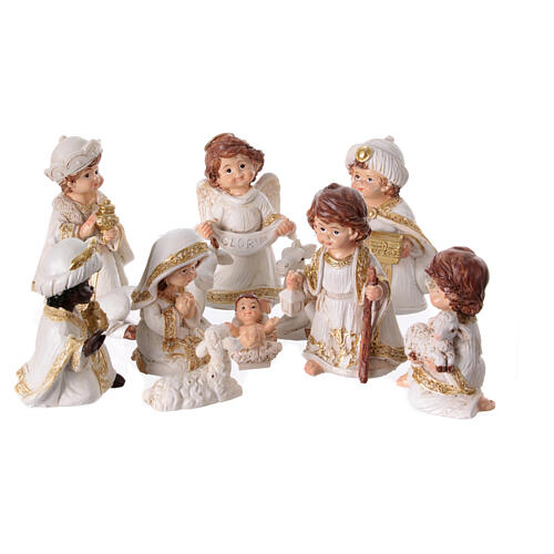 Complete resin Nativity Scene, baby style, white and gold, set of 11 figurines of 8 cm 1