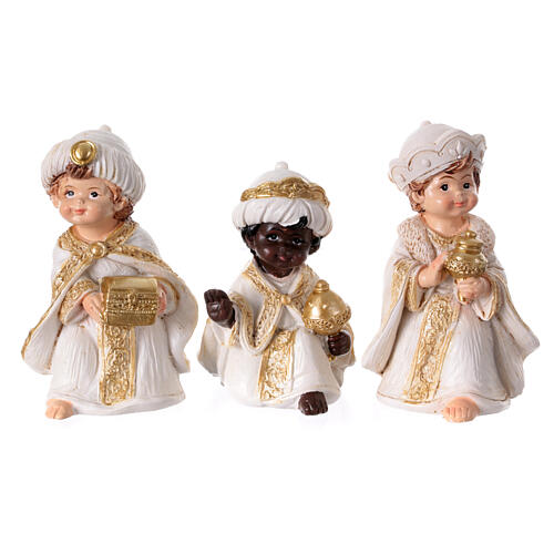 Complete resin Nativity Scene, baby style, white and gold, set of 11 figurines of 8 cm 3