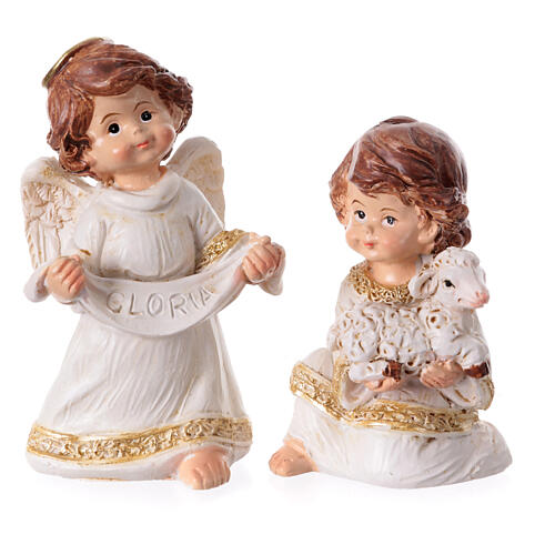 Complete resin Nativity Scene, baby style, white and gold, set of 11 figurines of 8 cm 4
