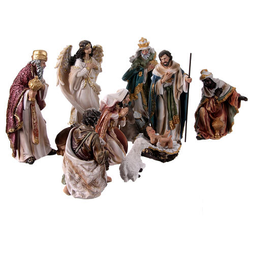 Complete nativity set of 11 pcs colored resin 20 cm 6