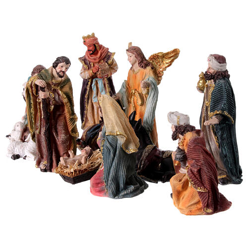 Complete nativity set of 11 colored resin subjects 20 cm 3