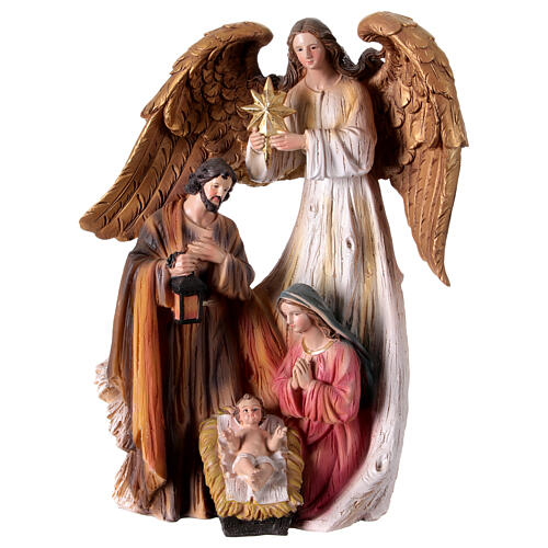 Nativity Holy Family statue with angel in colored resin 30 cm 1