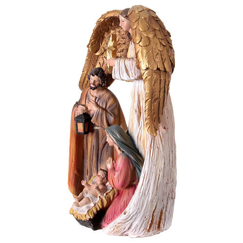 Nativity Holy Family statue with angel in colored resin 30 cm 3