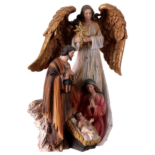Nativity Holy Family statue with angel in colored resin 30 cm 5