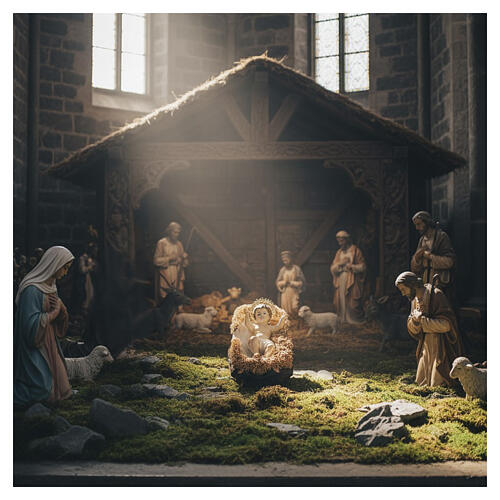 Coloured resin Baby Jesus with LED halo and cradle for 180 cm outdoor Nativity Scene 2