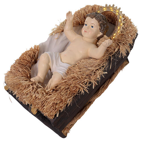 Niño Jesús resina colorida aureola LED para exteriores con cuna belén 180 cm 3