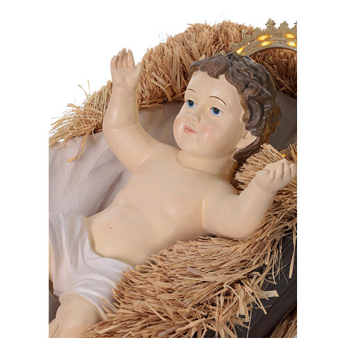 Niño Jesús resina colorida aureola LED para exteriores con cuna belén 180 cm 4