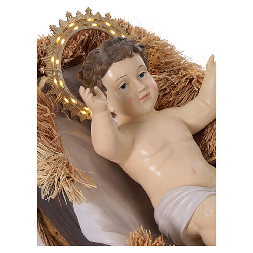 Niño Jesús resina colorida aureola LED para exteriores con cuna belén 180 cm 5