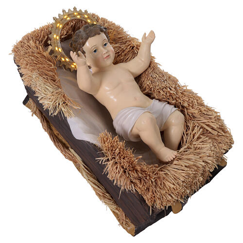 Niño Jesús resina colorida aureola LED para exteriores con cuna belén 180 cm 6