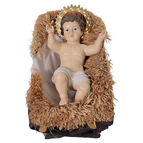 Enfant Jésus en résine colorée avec auréole LED et mangeoire pour crèche extérieure de 180 cm