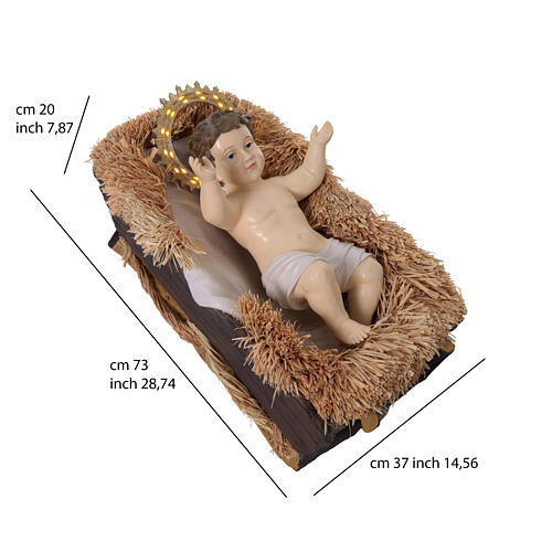 Dzieciątko Jezus – figura do szopki z żywicy, 180 cm, z aureolą LED i żłóbkiem, do wnętrz i na zewnątrz 3