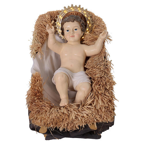 Menino Jesus em resina colorida com auréola de LED para exterior com berço presépio 180 cm 1