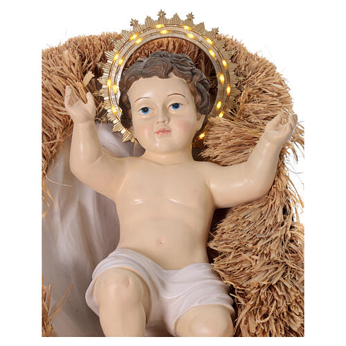 Menino Jesus em resina colorida com auréola de LED para exterior com berço presépio 180 cm 4