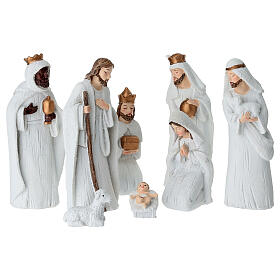 Complete Nativity Scene, set of 8, white plastic with golden details, 14 cm characters