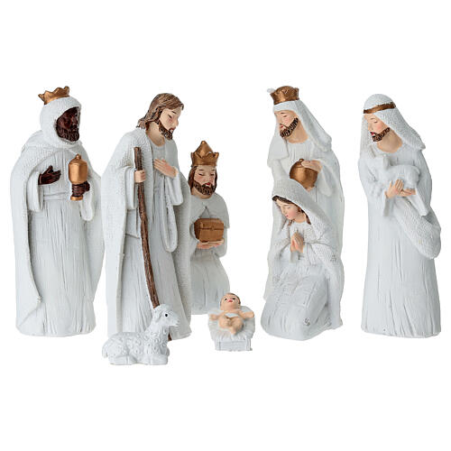 Complete Nativity Scene, set of 8, white plastic with golden details, 14 cm characters 1