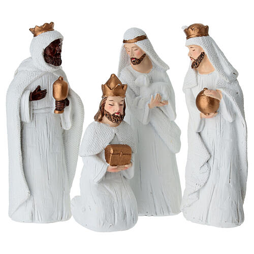 Presepe completo 8pz. plastica bianca dettagli dorati presepe 14 cm  3