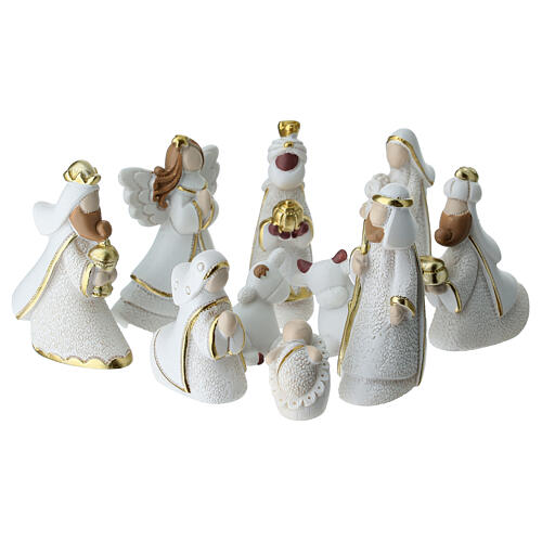Complete white Nativity Scene with gold details, set of 10, h 5 cm 1