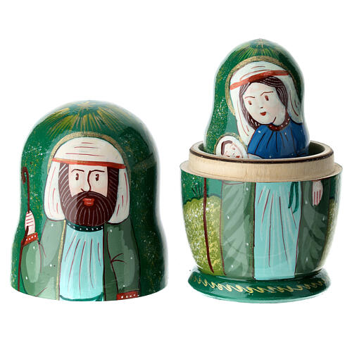 Green matryoshka doll with Nativity, set of 3 dolls, 4 in 2